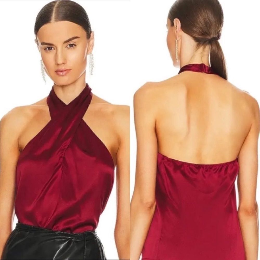 NWT Theory Ertil Convertible Cross Front Plunge Silk
Halter Top Red Dahlia Small